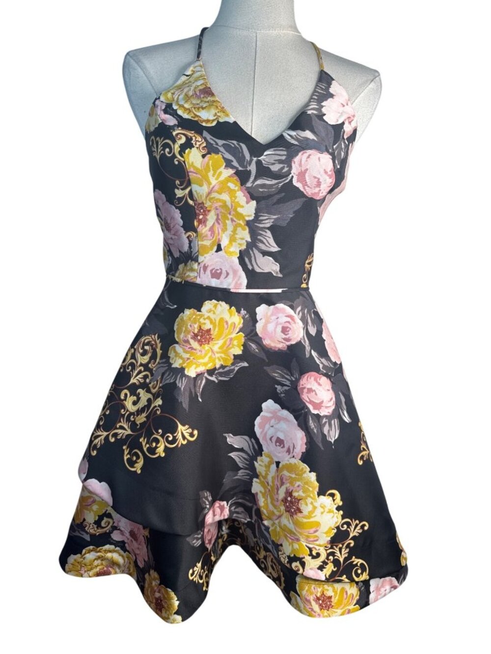 New BCX Floral Halter-Neck Size 3 Fit & Flare Dress Black/Yellow/Pink Polyester - Picture 10 of 15